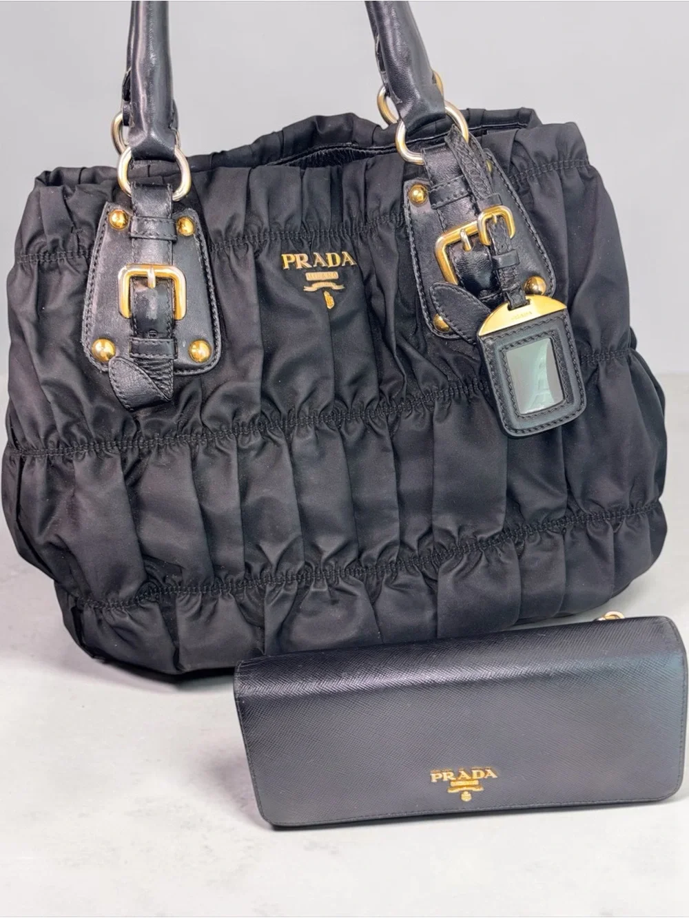 Prada Black Gathered Nylon Tote with Gold Hardware and Matching Wallet